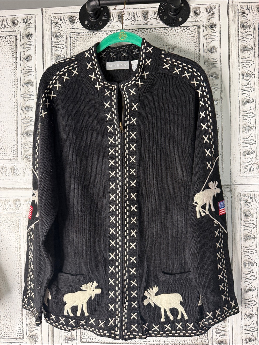 Vtg Ann Trinity Black Moose Zip-Front Sweater Jacket